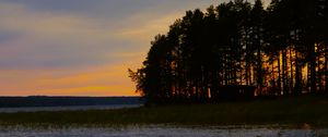 Preview wallpaper forest, trees, lake, sky, horizon, landscape, nature, dark
