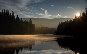 Preview wallpaper forest, trees, lake, sunset, light, landscape, nature