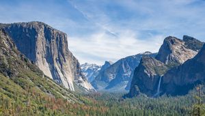 Preview wallpaper forest, trees, mountains, rocks, landscape, nature