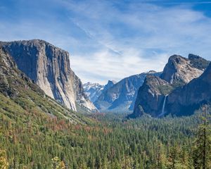 Preview wallpaper forest, trees, mountains, rocks, landscape, nature