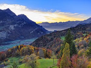 Preview wallpaper forest, trees, mountains, river, landscape