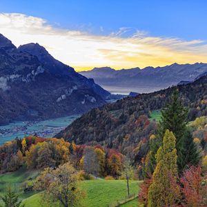 Preview wallpaper forest, trees, mountains, river, landscape