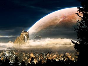 Preview wallpaper forest, trees, mountains, planet, skala, building, sky, clouds