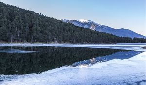 Preview wallpaper forest, trees, mountains, reflections, lake, snow