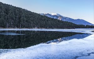 Preview wallpaper forest, trees, mountains, reflections, lake, snow