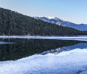 Preview wallpaper forest, trees, mountains, reflections, lake, snow