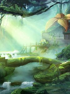 Preview wallpaper forest, trees, river, vines, house, art