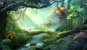 Preview wallpaper forest, trees, river, vines, house, art