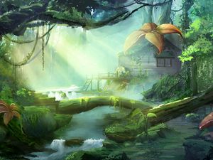 Preview wallpaper forest, trees, river, vines, house, art