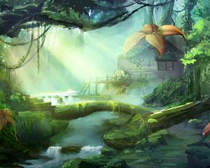 Preview wallpaper forest, trees, river, vines, house, art