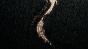 Preview wallpaper forest, trees, road, car, aerial view