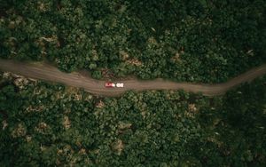 Preview wallpaper forest, trees, road, cars, aerial view