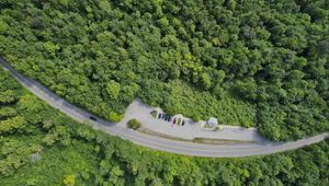 Preview wallpaper forest, trees, road, parking, cars, aerial view