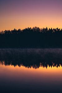 Preview wallpaper forest, trees, silhouettes, lake, reflection, sunset, dark