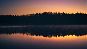 Preview wallpaper forest, trees, silhouettes, lake, reflection, sunset, dark
