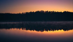 Preview wallpaper forest, trees, silhouettes, lake, reflection, sunset, dark