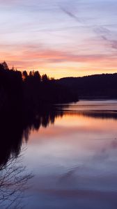 Preview wallpaper forest, trees, silhouettes, lake, reflection, twilight, dark