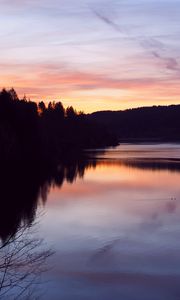 Preview wallpaper forest, trees, silhouettes, lake, reflection, twilight, dark