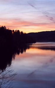 Preview wallpaper forest, trees, silhouettes, lake, reflection, twilight, dark