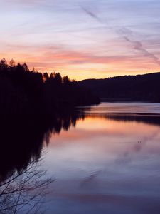 Preview wallpaper forest, trees, silhouettes, lake, reflection, twilight, dark