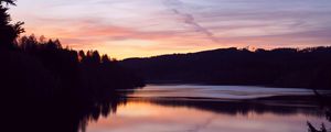 Preview wallpaper forest, trees, silhouettes, lake, reflection, twilight, dark