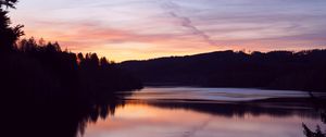 Preview wallpaper forest, trees, silhouettes, lake, reflection, twilight, dark