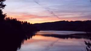 Preview wallpaper forest, trees, silhouettes, lake, reflection, twilight, dark