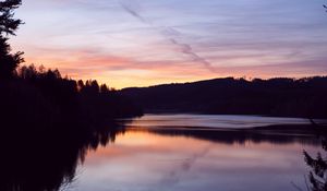 Preview wallpaper forest, trees, silhouettes, lake, reflection, twilight, dark