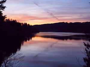 Preview wallpaper forest, trees, silhouettes, lake, reflection, twilight, dark