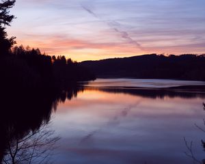 Preview wallpaper forest, trees, silhouettes, lake, reflection, twilight, dark