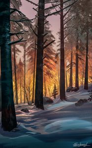Preview wallpaper forest, trees, snow, landscape, art