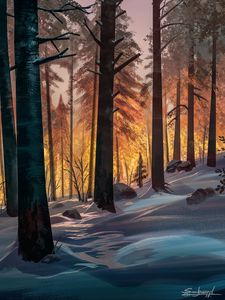 Preview wallpaper forest, trees, snow, landscape, art