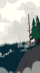 Preview wallpaper forest, trees, spruce, cliff, clouds, art