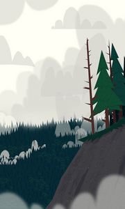 Preview wallpaper forest, trees, spruce, cliff, clouds, art