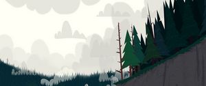 Preview wallpaper forest, trees, spruce, cliff, clouds, art