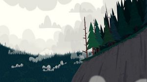 Preview wallpaper forest, trees, spruce, cliff, clouds, art