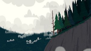 Preview wallpaper forest, trees, spruce, cliff, clouds, art