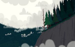 Preview wallpaper forest, trees, spruce, cliff, clouds, art