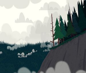 Preview wallpaper forest, trees, spruce, cliff, clouds, art