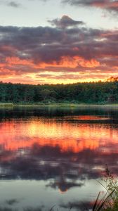 Preview wallpaper forest, trees, sunset, lake, reflection, landscape