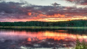 Preview wallpaper forest, trees, sunset, lake, reflection, landscape