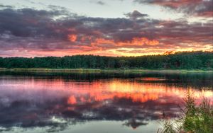 Preview wallpaper forest, trees, sunset, lake, reflection, landscape