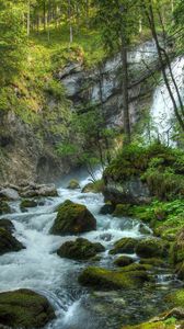 Preview wallpaper forest, waterfall, river, rocks, landscape