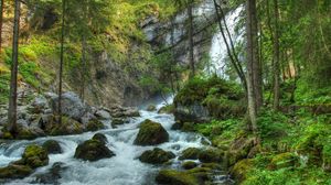 Preview wallpaper forest, waterfall, river, rocks, landscape