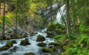 Preview wallpaper forest, waterfall, river, rocks, landscape