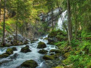 Preview wallpaper forest, waterfall, river, rocks, landscape