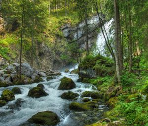 Preview wallpaper forest, waterfall, river, rocks, landscape