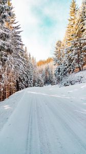 Preview wallpaper forest, winter, snow, road, sky, nature, winter landscape