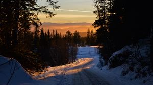 Preview wallpaper forest, winter, sunset, road, trees, sky