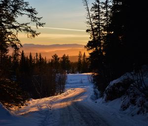 Preview wallpaper forest, winter, sunset, road, trees, sky